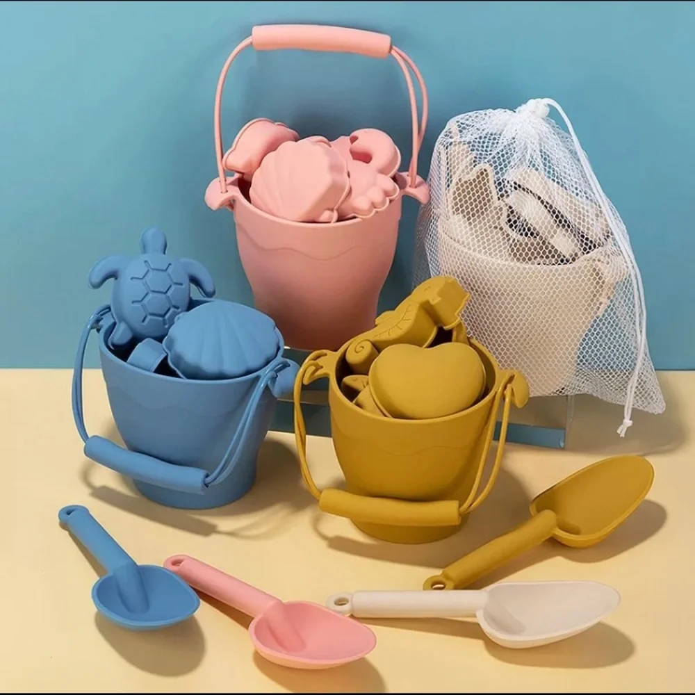 Pink Silicone Sand Toys Beach Bucket Shovel 6 Molds Kids Summer BPA Free NEW